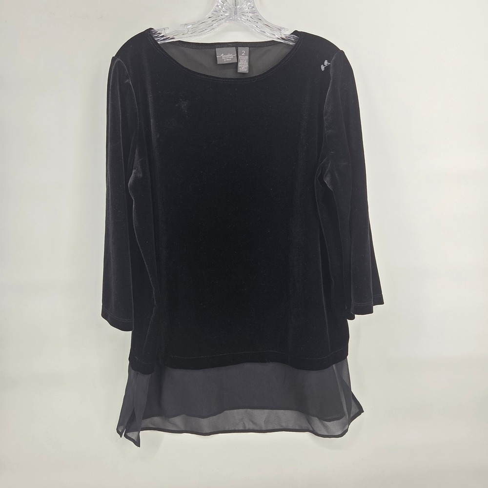 Chico's Travelers Tunic 2 Black Velvet Sheer Layered Hem Whimsigoth Goth Top